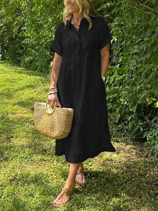 🤩🤩 Striped Lapel Button Down Shirt Dress | With Functional Pockets