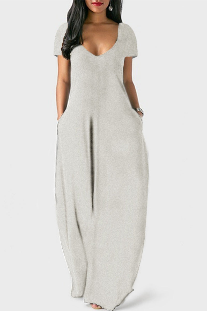 🤩🤩Women's Long Fitted Coffee Dress, Large Round Neck Short Sleeve Pocket Sleepwear