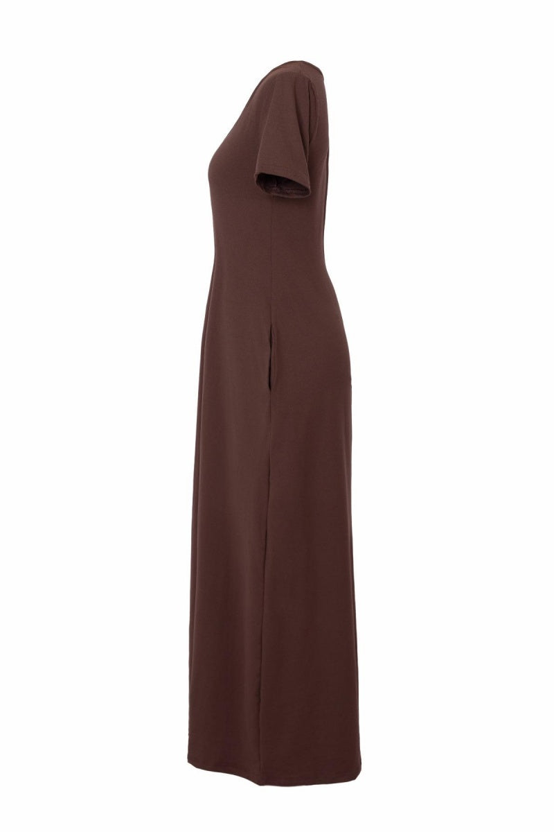 🤩🤩Women's Long Fitted Coffee Dress, Large Round Neck Short Sleeve Pocket Sleepwear