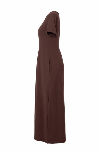 🤩🤩Women's Long Fitted Coffee Dress, Large Round Neck Short Sleeve Pocket Sleepwear