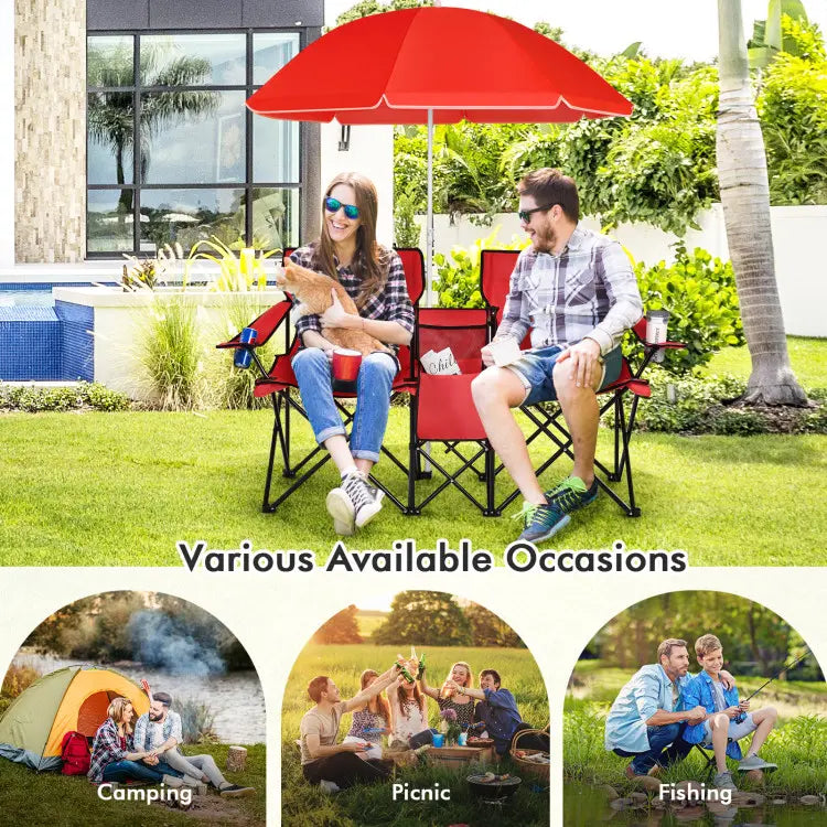 💥Clearance Sale 🪑 Double Camping Chairs ⛱️ w/ Umbrella & Cooler Bag 🧃 Outdoor Folding Set