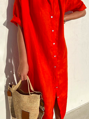 🤩🤩Women Elegant Casual Loose Half Sleeve Button Down Front Half Sleeve Cotton Linen Dress