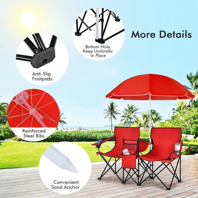 💥Clearance Sale 🪑 Double Camping Chairs ⛱️ w/ Umbrella & Cooler Bag 🧃 Outdoor Folding Set