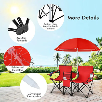 💥Clearance Sale 🪑 Double Camping Chairs ⛱️ w/ Umbrella & Cooler Bag 🧃 Outdoor Folding Set