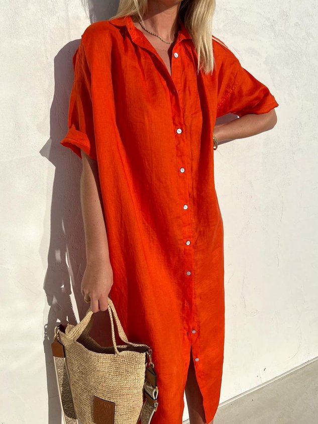 🤩🤩Women Elegant Casual Loose Half Sleeve Button Down Front Half Sleeve Cotton Linen Dress