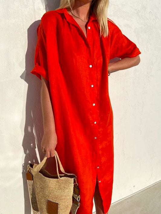 🤩🤩Women Elegant Casual Loose Half Sleeve Button Down Front Half Sleeve Cotton Linen Dress