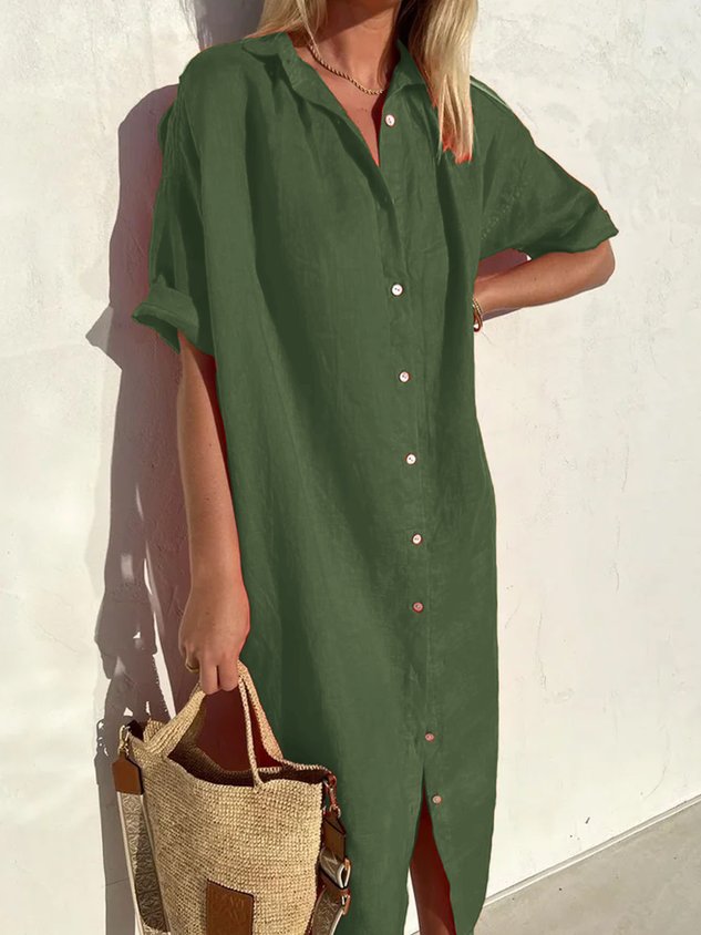 🤩🤩Women Elegant Casual Loose Half Sleeve Button Down Front Half Sleeve Cotton Linen Dress