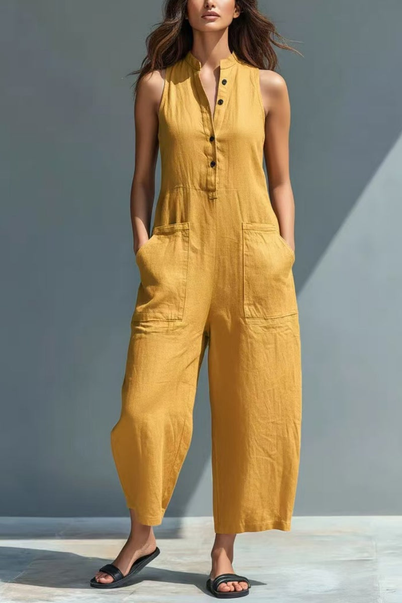 🤩🤩Women's Minimalist Linen Blend Button-up Stand-collar Sleeveless Loose Jumpsuit