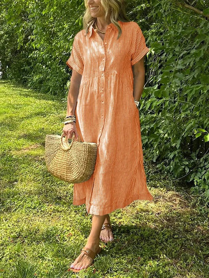 🤩🤩 Striped Lapel Button Down Shirt Dress | With Functional Pockets