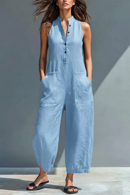 🤩🤩Women's Minimalist Linen Blend Button-up Stand-collar Sleeveless Loose Jumpsuit