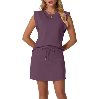 🤩🤩Women's Summer 2 Piece Skort Set Cap Sleeve Round Neck Top