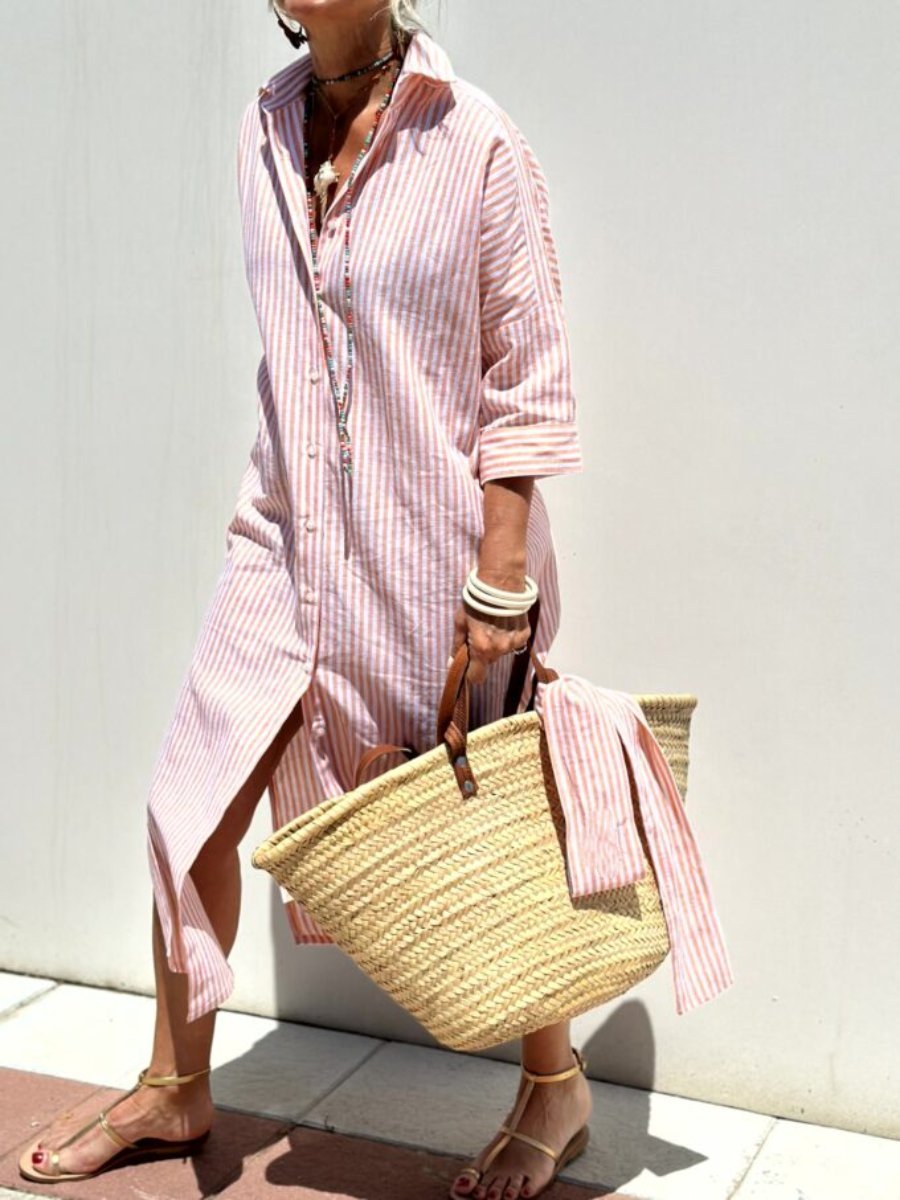 🤩🤩Classic Striped Lace-Up Shirt Dress