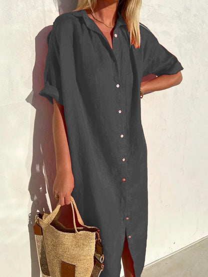 🤩🤩Women Elegant Casual Loose Half Sleeve Button Down Front Half Sleeve Cotton Linen Dress