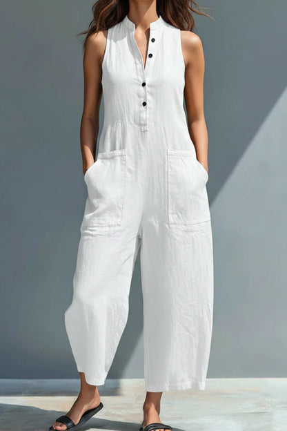 🤩🤩Women's Minimalist Linen Blend Button-up Stand-collar Sleeveless Loose Jumpsuit