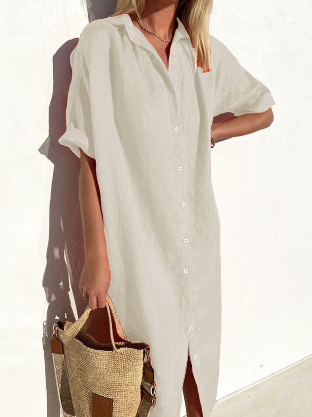🤩🤩Women Elegant Casual Loose Half Sleeve Button Down Front Half Sleeve Cotton Linen Dress