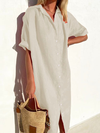 🤩🤩Women Elegant Casual Loose Half Sleeve Button Down Front Half Sleeve Cotton Linen Dress