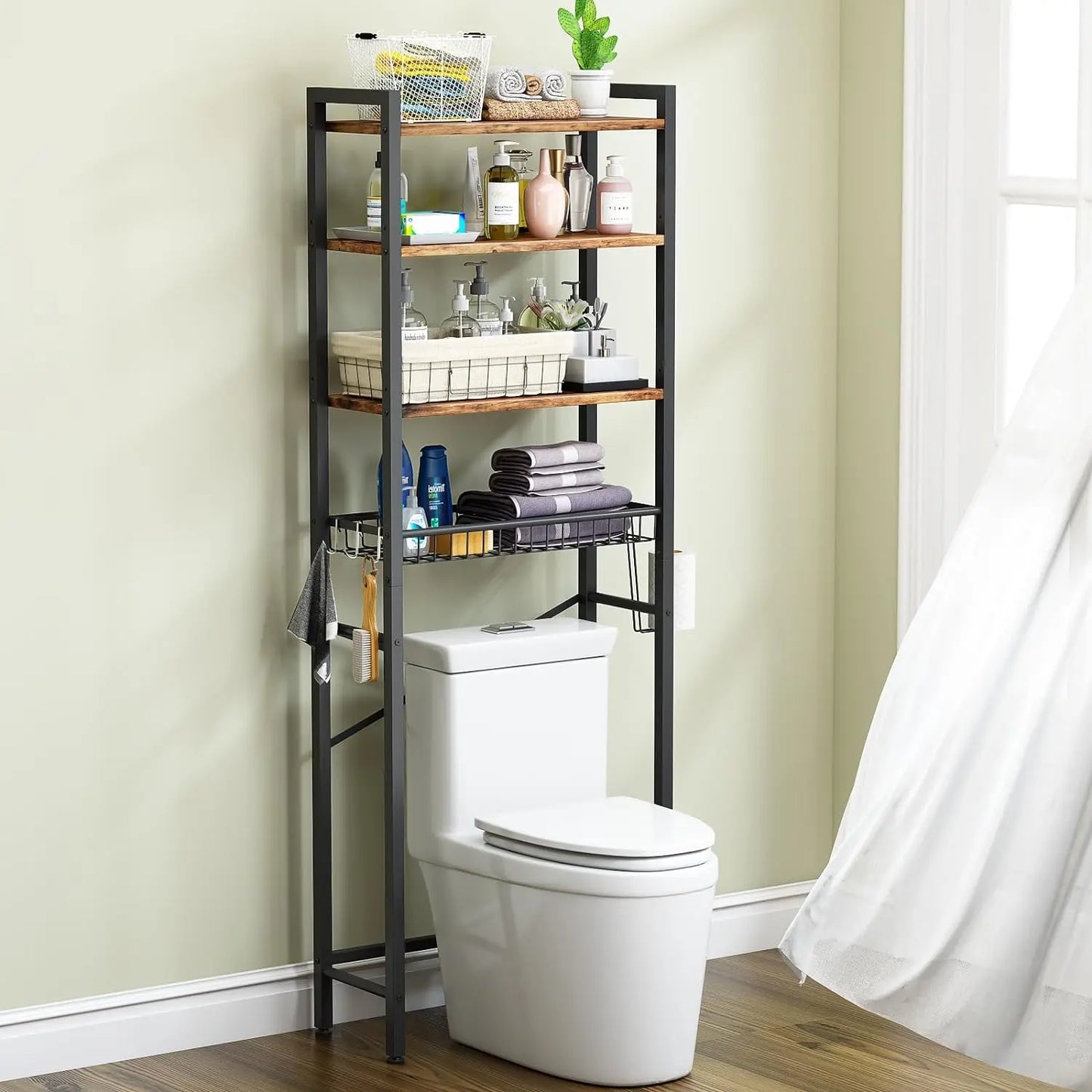 ✨4‑Tier Toilet Side Storage Organizer 🧻Multi‑Hook Design  LIMITED DEAL