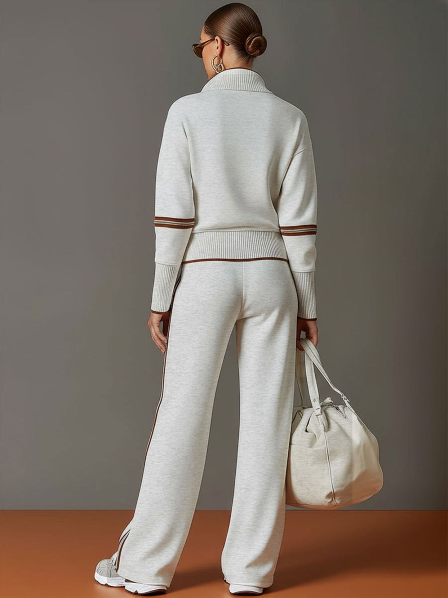 🤩🤩Retro Sporty Webbing Grey-white Half-zip Sweatshirt And Wide-leg Pants Set