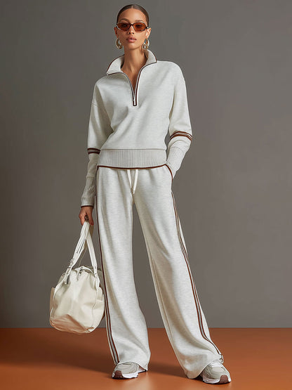 🤩🤩Retro Sporty Webbing Grey-white Half-zip Sweatshirt And Wide-leg Pants Set