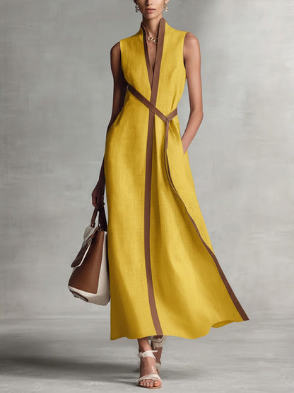 🤩🤩Women’s Stand-Up Collar Sleeveless Casual Loose Cotton and Linen Dress