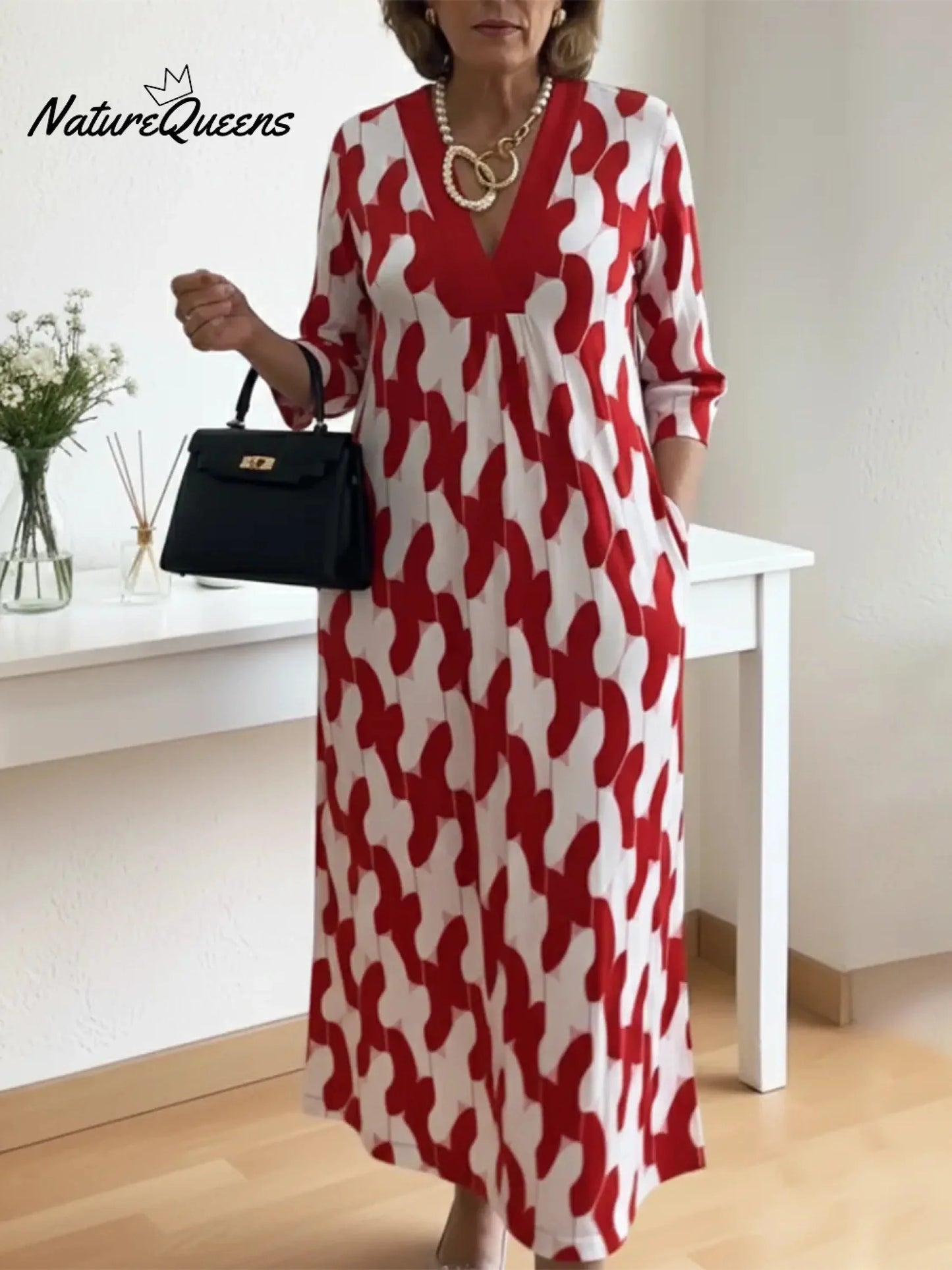 💝💝Elegant Art Print Color Block Trim V-neck Midi Dress