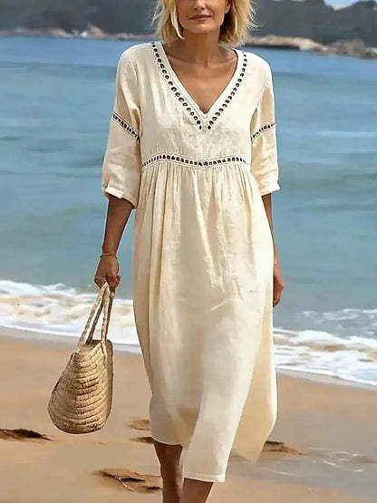 💝💝Women's Solid Color Retro Casual Stylish Vacation Cotton Dress