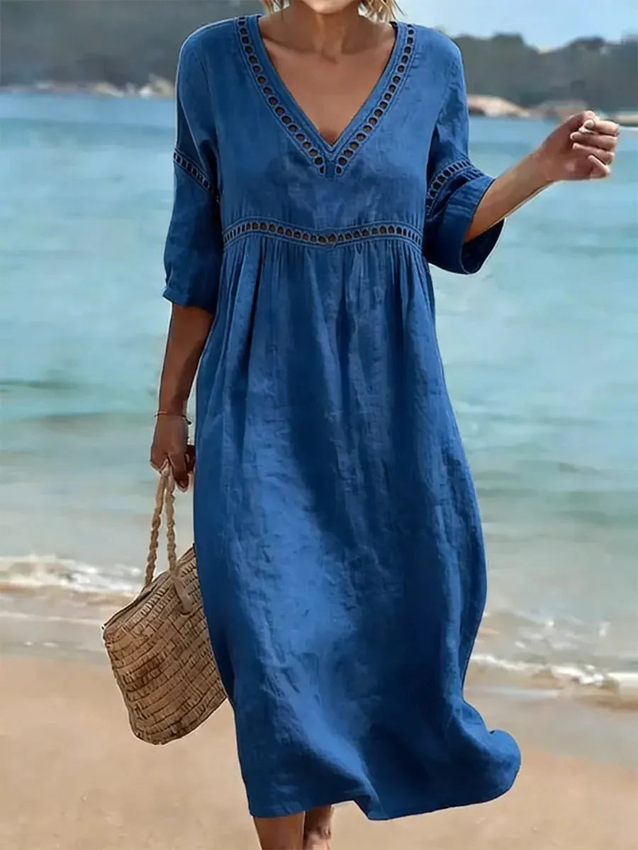 💝💝Women's Solid Color Retro Casual Stylish Vacation Cotton Dress