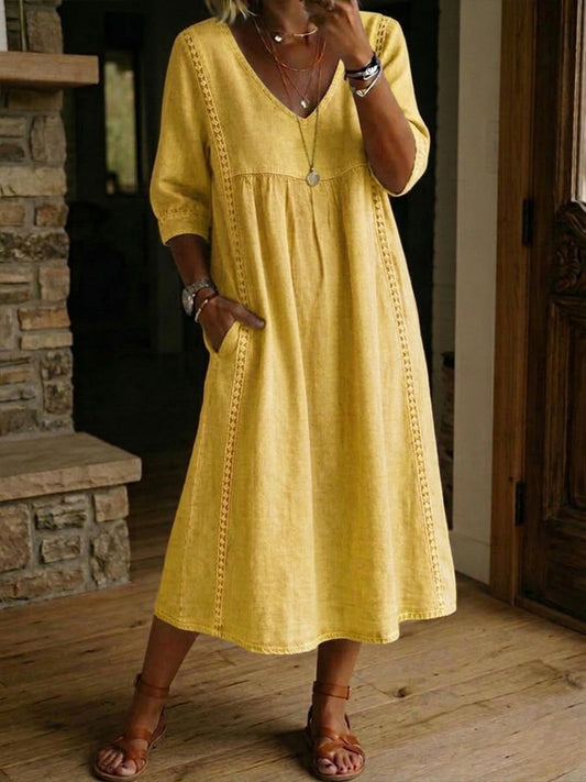🤩🤩Casual Loose-fitting Patchwork Lace Trim Linen And Cotton Dress(Buy 2 Free Shipping)