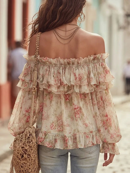 Women's Bohemian Style Off-shoulder Floral Ruffle Trim Top