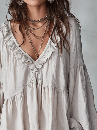🤩🤩Women's Solid Color Retro Ruffled Casual Cotton Linen Shirt(Buy 2 Free Shipping)
