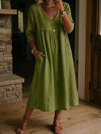 🤩🤩Casual Loose-fitting Patchwork Lace Trim Linen And Cotton Dress(Buy 2 Free Shipping)