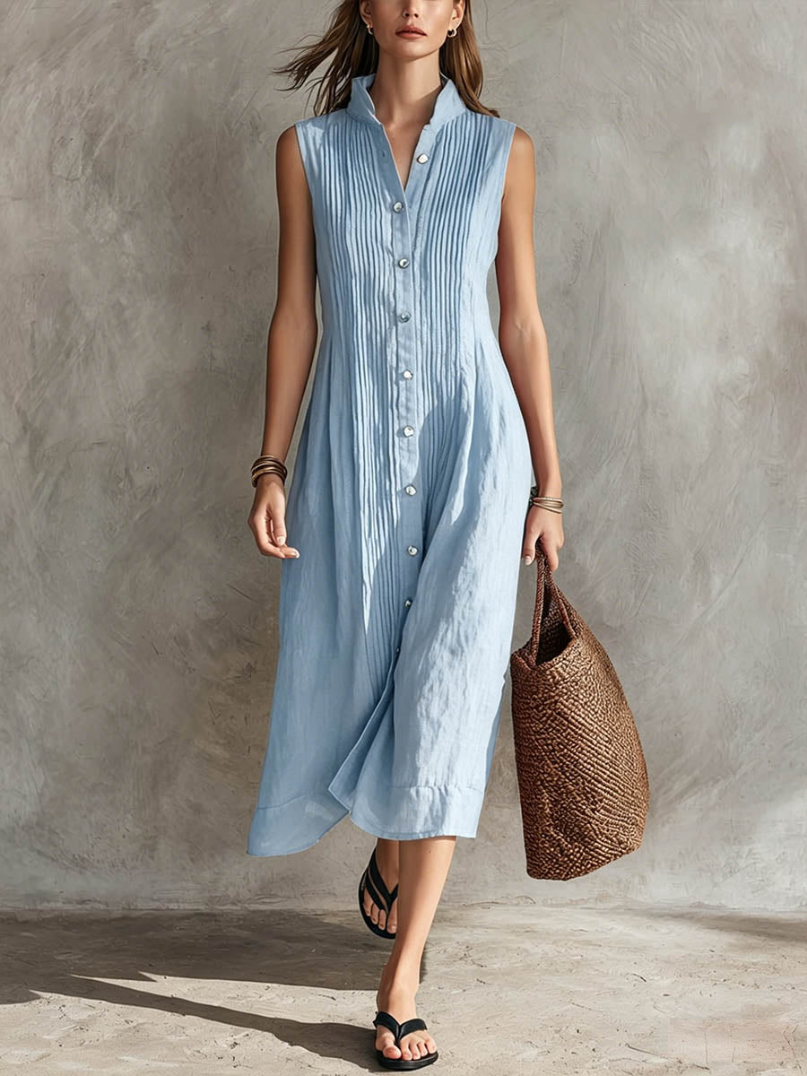 📦📦LAST DAY SAVE 49% ⏰Women's Solid-color Stand-collar Sleeveless Casual Loose Pleated Cotton-linen Dress