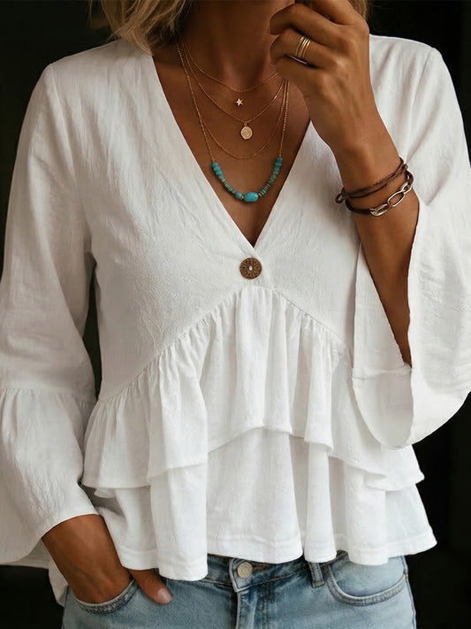 🤩🤩Women's V-neck Cotton Top With Double-layer Ruffle Sleeves(Buy 2 Free Shipping)