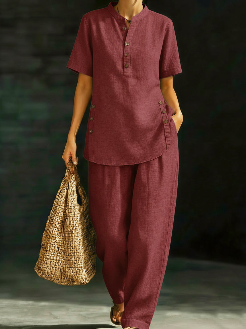 💝💝Cozy Casual Button Shirt And Wide-leg Pants Linen Two-piece Set