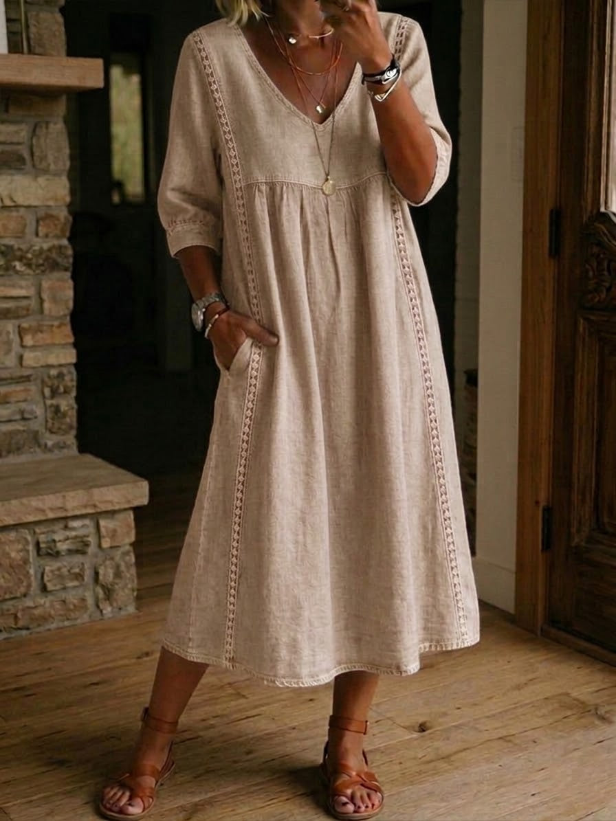 🤩🤩Casual Loose-fitting Patchwork Lace Trim Linen And Cotton Dress(Buy 2 Free Shipping)