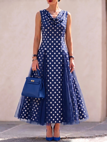 📦📦LAST DAY SAVE 49% ⏰Cowl Neck Polka-dot Print Organza-paneled Hem Stretch Dress