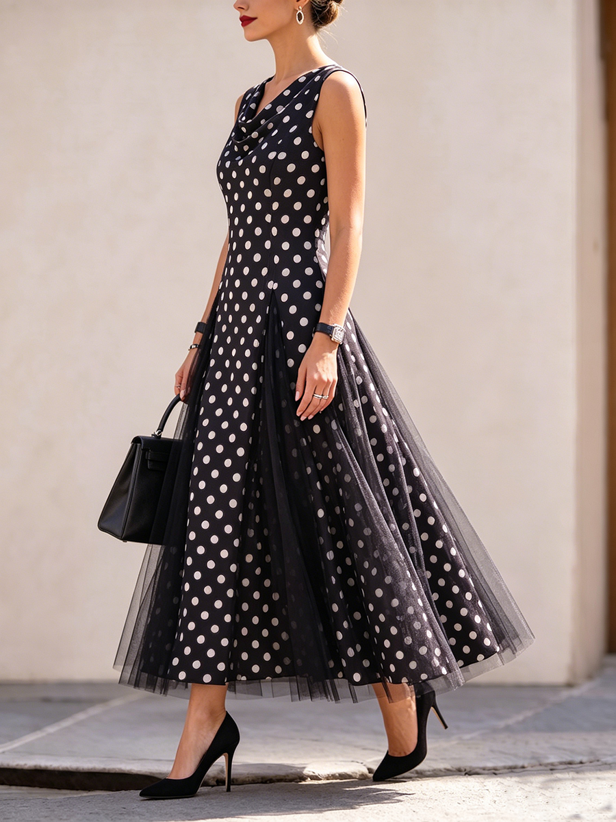 📦📦LAST DAY SAVE 49% ⏰Cowl Neck Polka-dot Print Organza-paneled Hem Stretch Dress