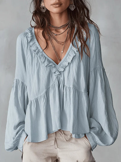 🤩🤩Women's Solid Color Retro Ruffled Casual Cotton Linen Shirt(Buy 2 Free Shipping)