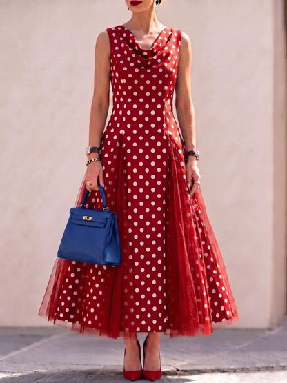 📦📦LAST DAY SAVE 49% ⏰Cowl Neck Polka-dot Print Organza-paneled Hem Stretch Dress