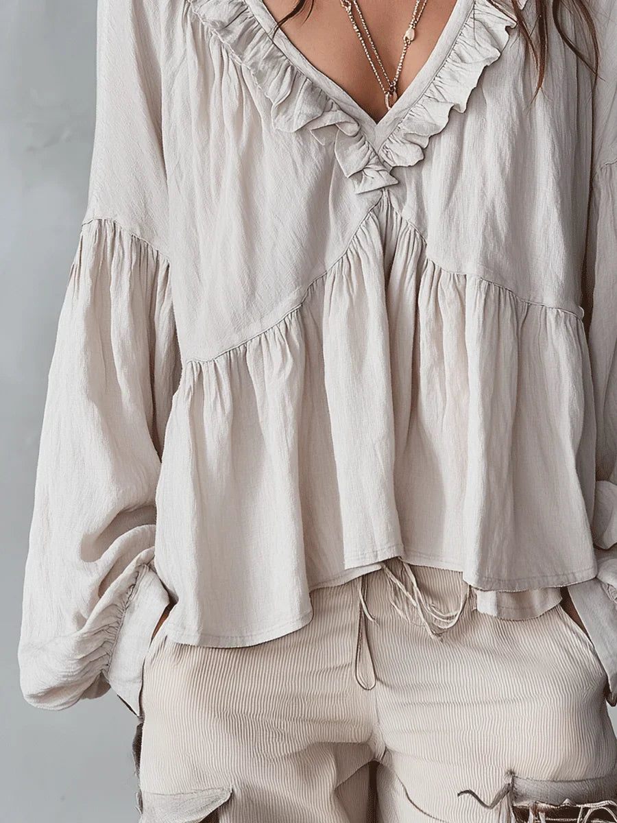 🤩🤩Women's Solid Color Retro Ruffled Casual Cotton Linen Shirt(Buy 2 Free Shipping)