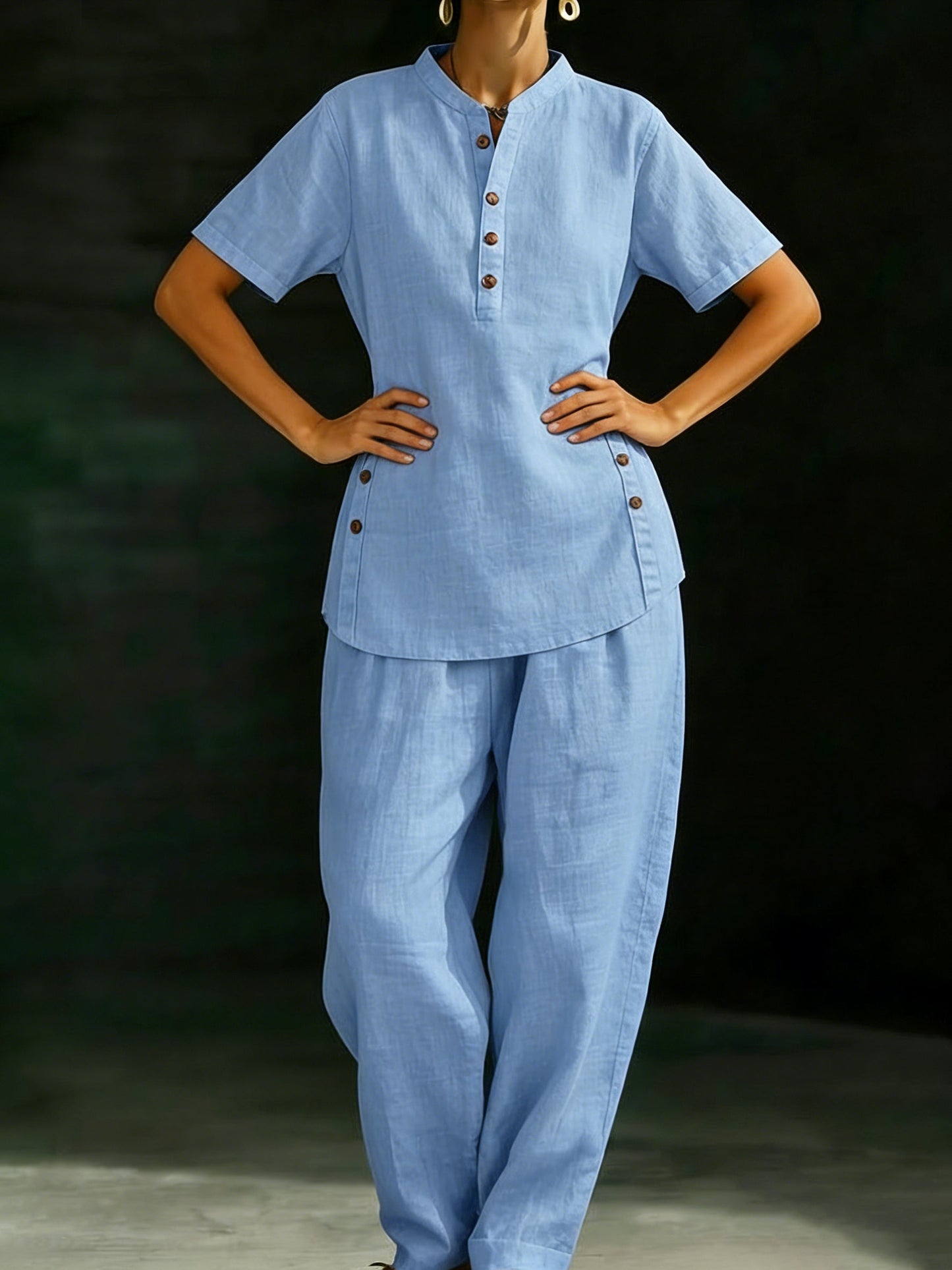 💝💝Cozy Casual Button Shirt And Wide-leg Pants Linen Two-piece Set