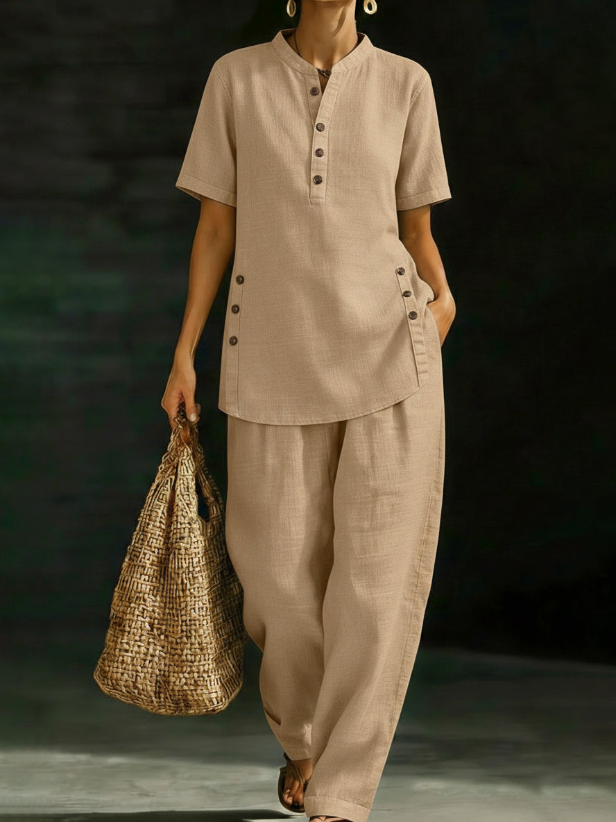 💝💝Cozy Casual Button Shirt And Wide-leg Pants Linen Two-piece Set