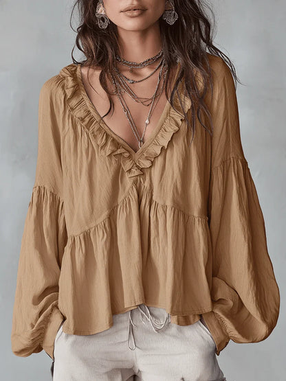 🤩🤩Women's Solid Color Retro Ruffled Casual Cotton Linen Shirt(Buy 2 Free Shipping)