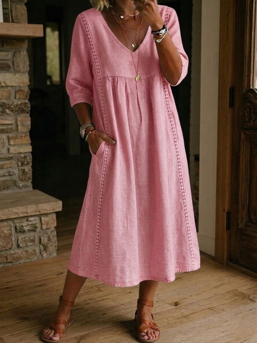 🤩🤩Casual Loose-fitting Patchwork Lace Trim Linen And Cotton Dress(Buy 2 Free Shipping)
