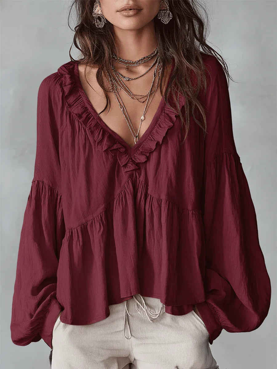 🤩🤩Women's Solid Color Retro Ruffled Casual Cotton Linen Shirt(Buy 2 Free Shipping)