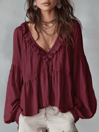 🤩🤩Women's Solid Color Retro Ruffled Casual Cotton Linen Shirt(Buy 2 Free Shipping)