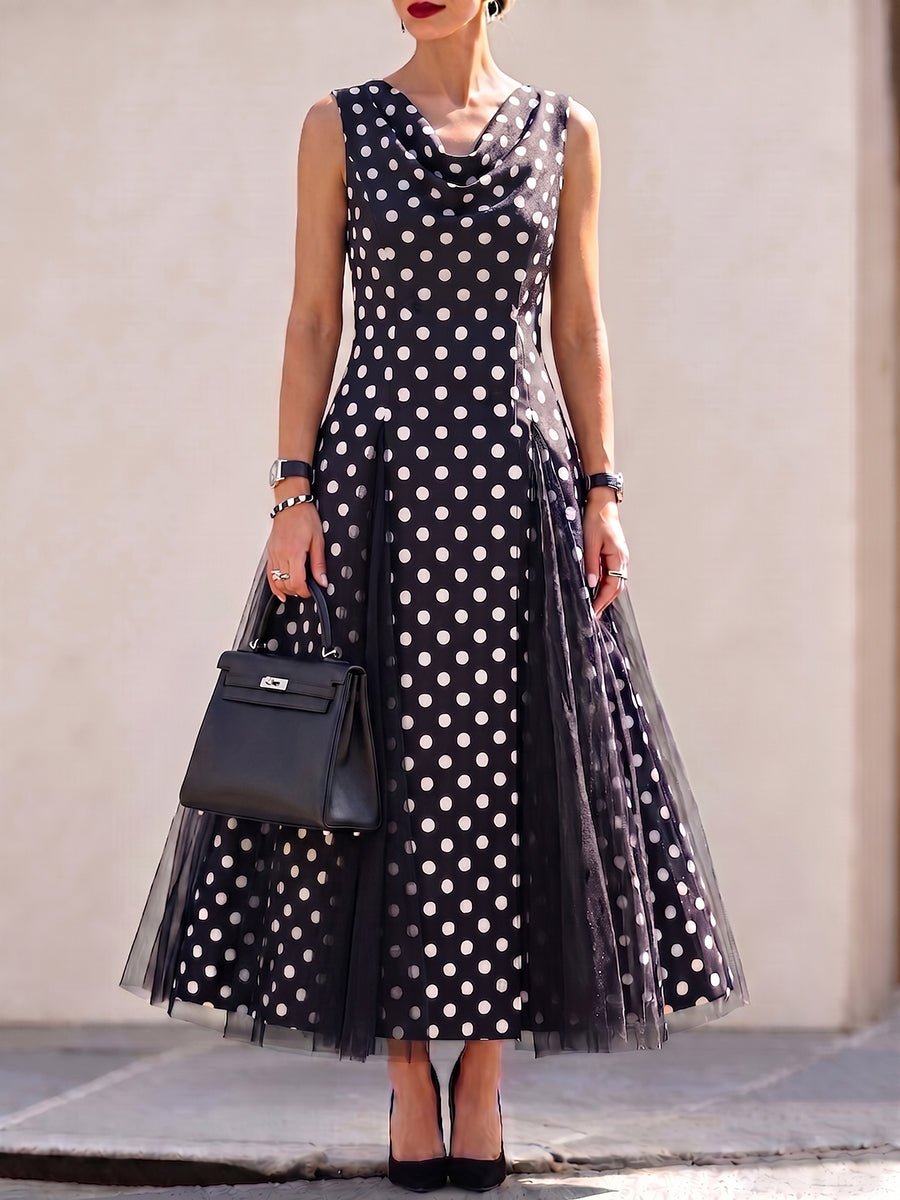 📦📦LAST DAY SAVE 49% ⏰Cowl Neck Polka-dot Print Organza-paneled Hem Stretch Dress