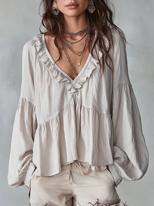 🤩🤩Women's Solid Color Retro Ruffled Casual Cotton Linen Shirt(Buy 2 Free Shipping)