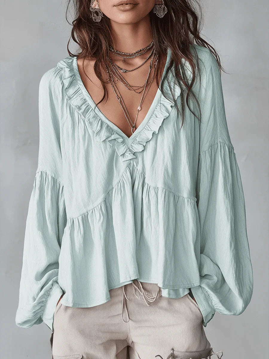 🤩🤩Women's Solid Color Retro Ruffled Casual Cotton Linen Shirt(Buy 2 Free Shipping)