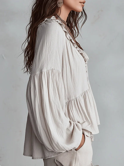 🤩🤩Women's Solid Color Retro Ruffled Casual Cotton Linen Shirt(Buy 2 Free Shipping)